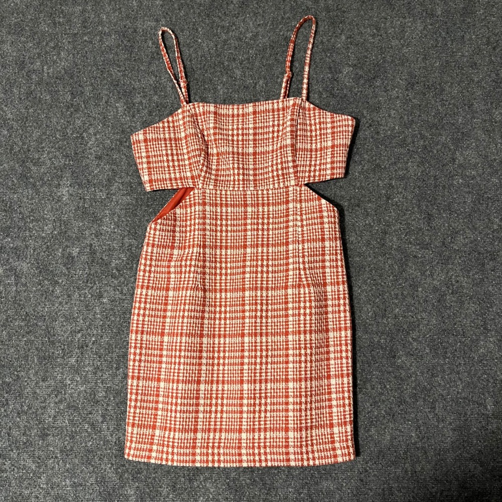 Forever 21 Orange Plaid Tweed Mini Dress Side Cut Out Sleeveless Womens Size M